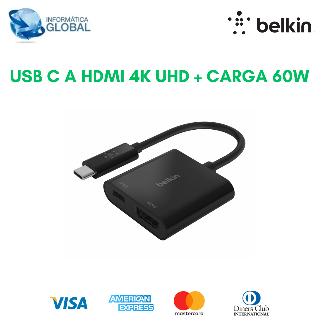 ADAPTADOR USB TIPO C A HDMI 4K UHD + CARGA (60 W) BELKIN COLOR NEGRO -  Informática Global Ec.